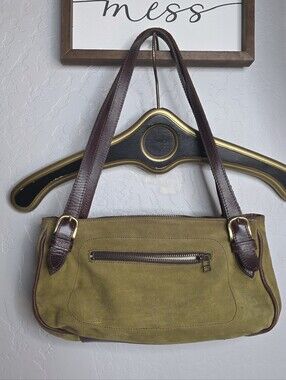 ROOTS Olive Suede‎ Shoulder Bag with Dark Brown Leather Straps